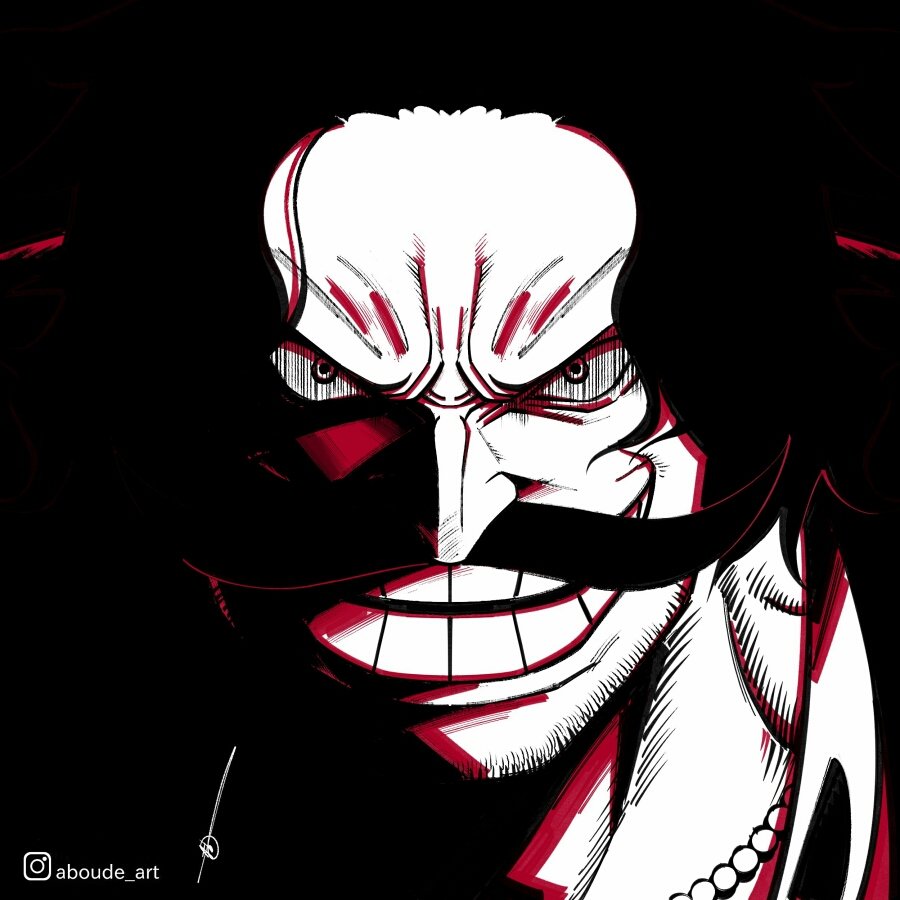 1boy aboude_art artist_name black_hair commentary facial_hair gol_d._roger instagram_logo instagram_username limited_palette looking_at_viewer male_focus mustache one_piece open_mouth short_hair signature smile solo teeth