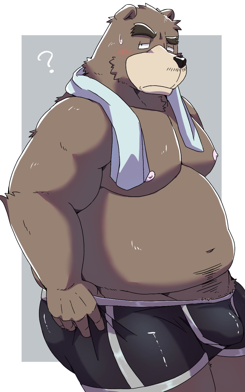 2024 anthro bear belly big_belly black_nose blush brown_body bulge clothing emufu hi_res humanoid_hands kemono male mammal moobs navel nipples overweight overweight_male question_mark simple_background solo underwear