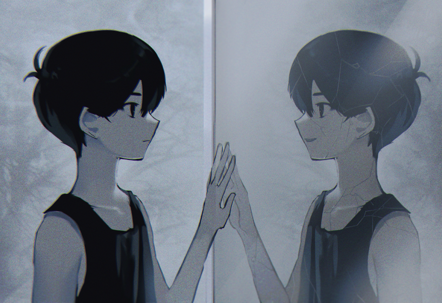 1boy against_mirror antenna_hair arm_at_side bare_arms black_eyes black_hair black_tank_top child closed_mouth colored_skin crack different_reflection film_grain from_side grin hair_behind_ear hair_between_eyes looking_at_mirror mirror no_pupils omori omori_(omori) reflection shionty short_hair sleeveless smile solo tank_top upper_body white_skin