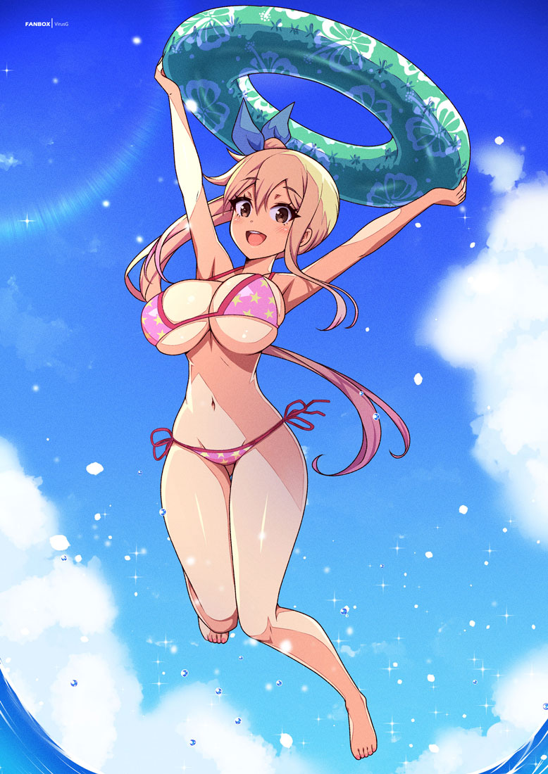 :d arms_up bikini blonde_hair blush breasts day fairy_tail full_body jumping large_breasts lens_flare lowleg lowleg_bikini lucy_heartfilia outdoors pink_bikini side-tie_bikini_bottom sidelocks smile swim_ring swimsuit virus-g water