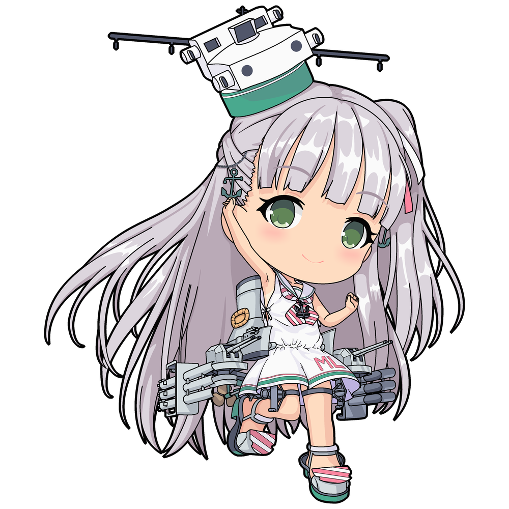 1girl anchor_hair_ornament anchor_necklace arm_up armpits bare_arms bare_legs bare_shoulders blunt_bangs chain dress full_body green_eyes grey_hair hair_ornament hair_ribbon headgear jewelry kantai_collection leg_up long_hair looking_at_viewer low-cut_armhole machinery maestrale_(kancolle) neckerchief necklace no_socks one-take one_side_up propeller ribbon sailor_collar sailor_dress side-tie_dress sleeveless sleeveless_dress smile smokestack solo striped_neckerchief tan tanlines thigh_strap torpedo_tubes turret white_dress white_ribbon