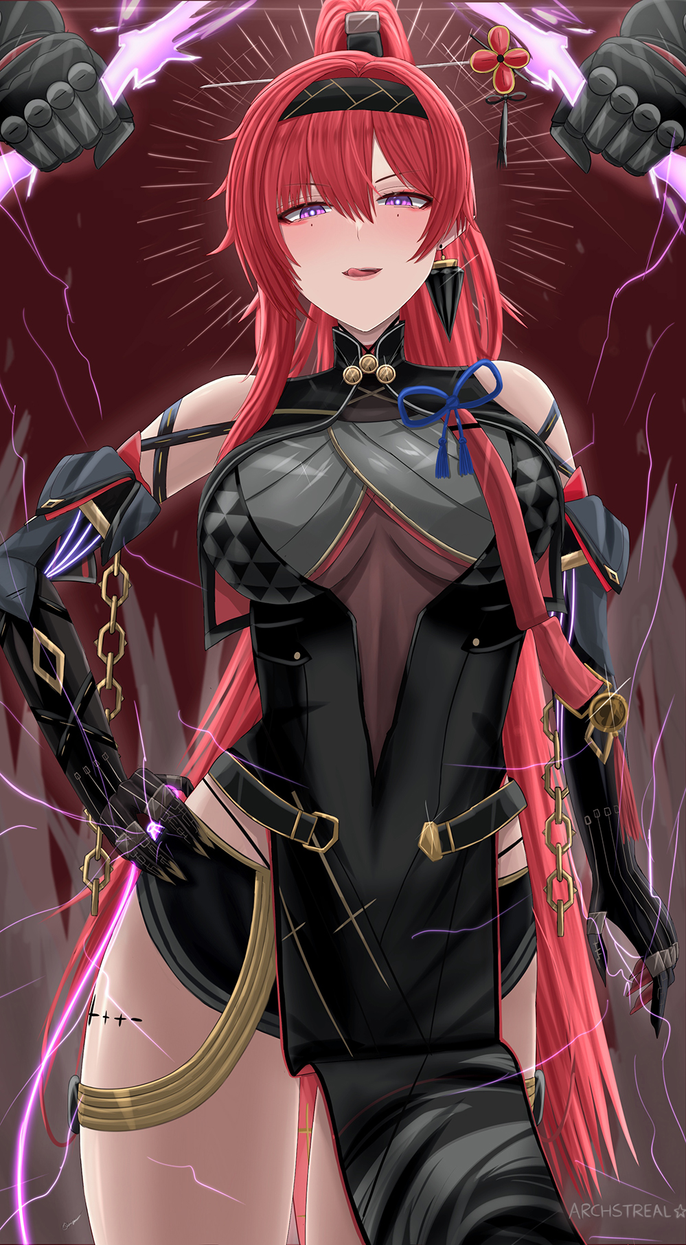 archstreal black_hairband breasts chinese_hairpin earrings hair_ornament hair_stick hairband hand_on_own_hip head_tilt highres jewelry looking_at_viewer mole mole_under_eye open_clothes open_skirt red_hair single_earring skirt thighs underboob wuthering_waves yinlin_(wuthering_waves)