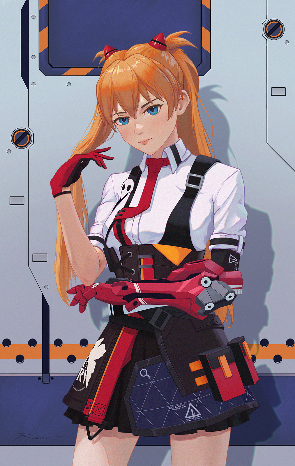 1girl adapted_costume black_skirt blue_eyes breasts cosplay crossover gloves highres honkai_(series) honkai_impact_3rd mechanical_arms medium_breasts neon_genesis_evangelion nerv orange_hair pleated_skirt razv.art red_gloves single_mechanical_arm skirt souryuu_asuka_langley