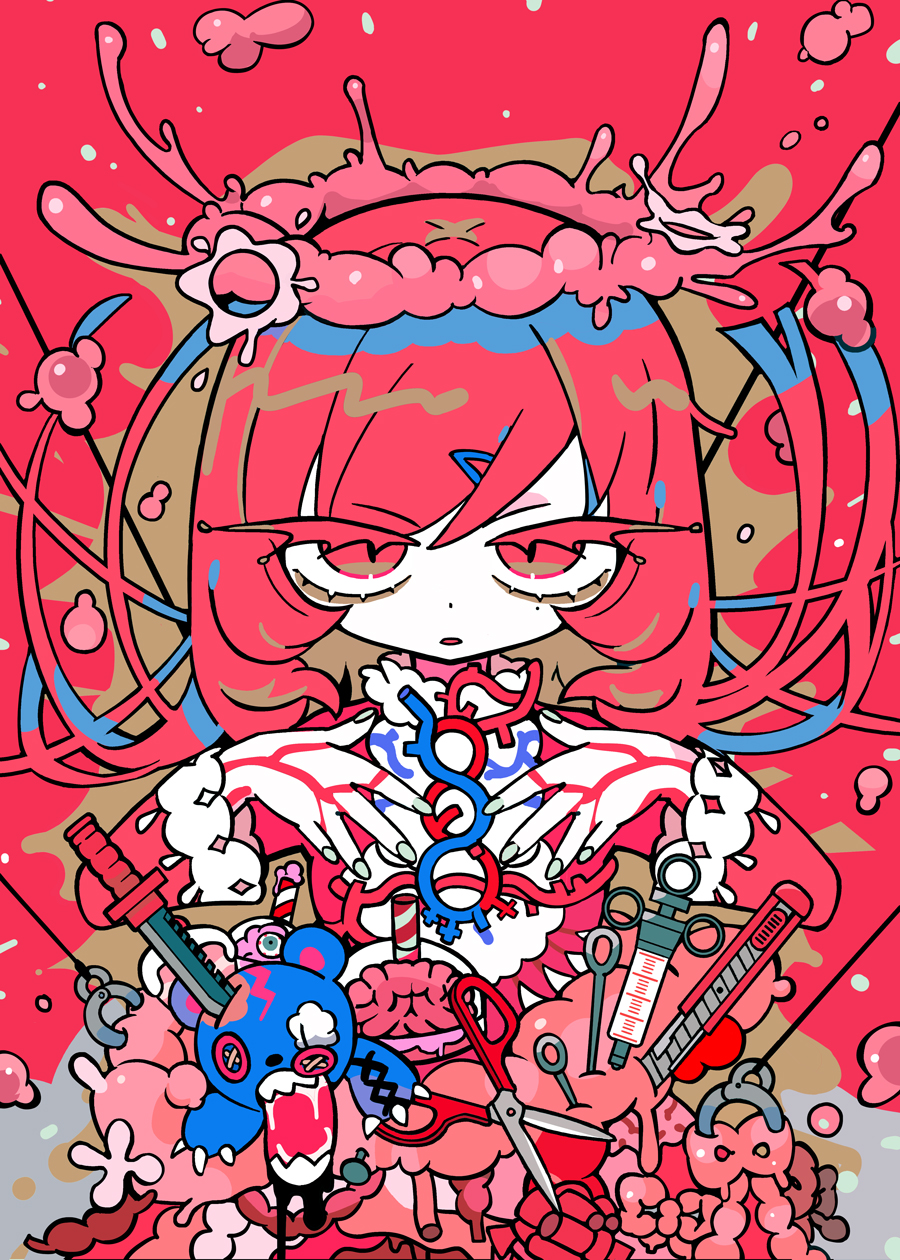 1girl boxcutter brown_eyeshadow colored_eyelashes cover cover_page dress drinking_straw expressionless halo hands_up highres knife long_hair looking_at_viewer mole mole_under_eye needle open_mouth original pale_skin pink_halo red_background red_dress red_eyes red_hair red_theme scissors slime_(substance) slushie solo stuffed_animal stuffed_toy syringe teddy_bear terada_tera white_nails