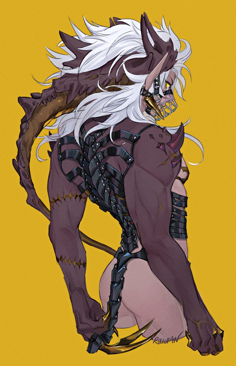 1boy ass biceps claws cowboy_shot cybernetic highres horns long_hair looking_back monster_boy muscular muscular_male muzzle original pointy_ears rouwan scar scar_on_arm scar_on_shoulder simple_background solo star_scar white_hair yellow_background yellow_eyes yellow_nails