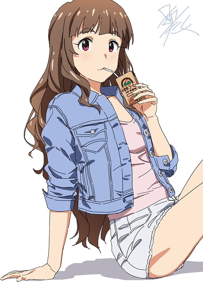 1girl arm_support blue_jacket blunt_bangs blush brown_hair cutoffs denim denim_jacket denim_shorts drinking drinking_straw holding idolmaster idolmaster_cinderella_girls jacket juice_box kamiya_nao long_hair looking_at_viewer open_clothes open_jacket pink_shirt red_eyes shirt short_shorts shorts signature simple_background sitting solo taku1122 thick_eyebrows thighs wavy_hair white_background white_shorts