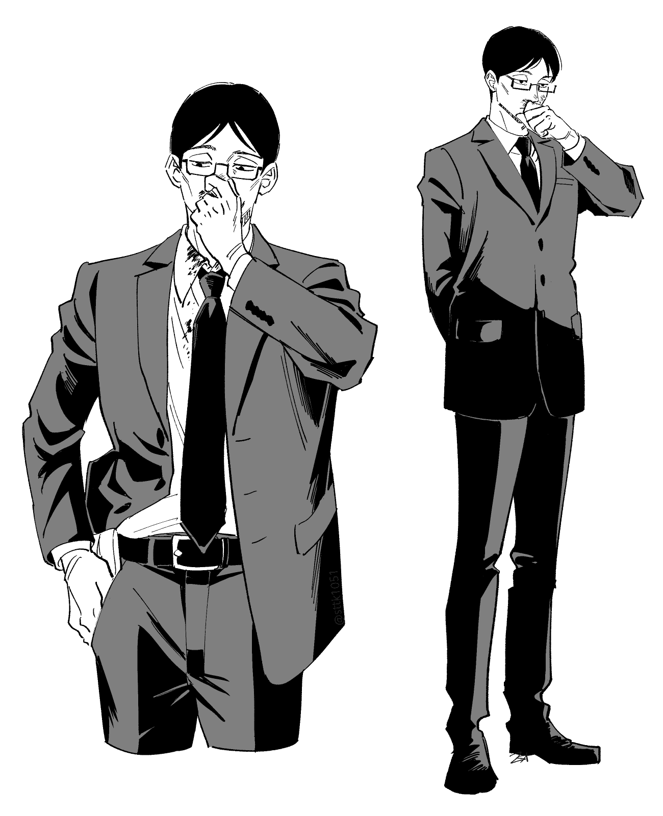 1boy belt blood blood_on_clothes blood_on_face collared_shirt glasses greyscale hand_in_pocket highres holding_nose ijichi_kiyotaka jujutsu_kaisen long_sleeves male_focus monochrome necktie pants shirt shoes short_hair solo standing suit sumio_(smosmo)
