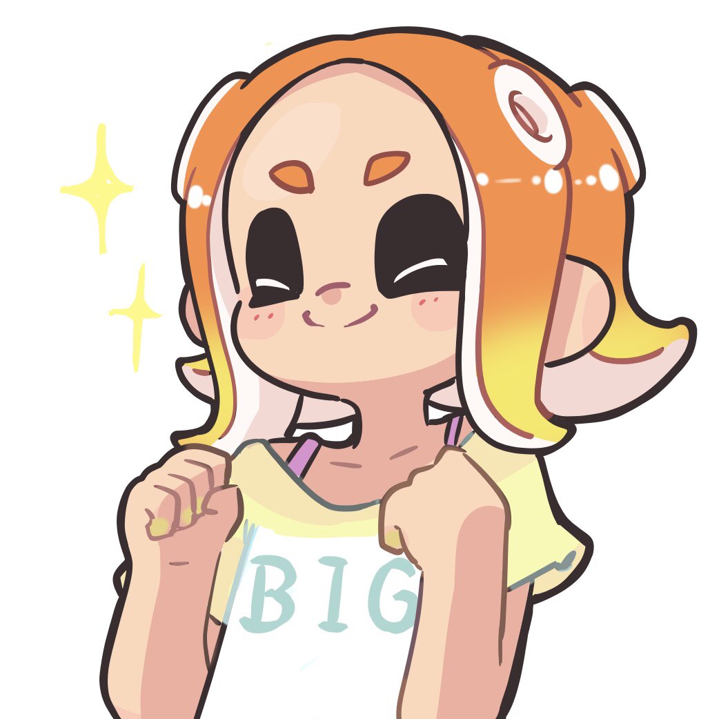 1girl blonde_hair clenched_hand closed_eyes closed_mouth commentary_request gradient_hair hekoningyou_(waraningyou) medium_hair multicolored_hair octoling octoling_girl octoling_player_character orange_hair print_shirt shirt simple_background smile solo sparkle splatoon_(series) tentacle_hair thick_eyebrows two-tone_hair upper_body white_background