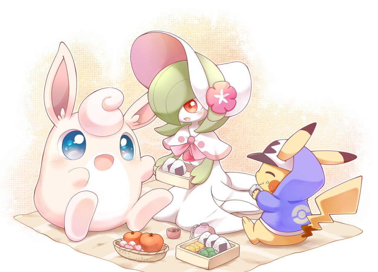 akuasu apple blue_eyes blue_hoodie blush bob_cut colored_skin eating flower food fruit gardevoir gardevoir_(fashionable) green_hair hat hat_flower hood hoodie kneeling on_floor onigiri open_mouth picnic pikachu pink_eyes pokemon pokemon_(creature) pokemon_unite sitting white_headwear white_skin wigglytuff yellow_fur