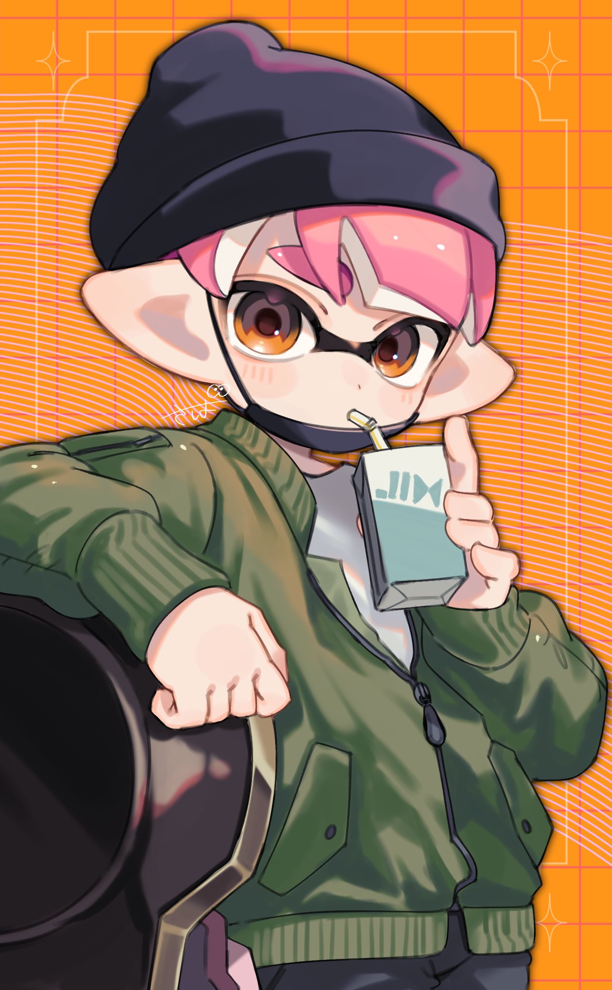 1boy beanie black_headwear brown_eyes commentary drinking drinking_straw green_jacket grid_background hat highres inkling inkling_boy inkling_player_character inset_border jacket juice_box looking_at_viewer male_focus nautilus_(splatoon) orange_background pink_hair pointy_ears sahata_saba short_hair solo sparkle splatoon_(series) splatoon_3 symbol-only_commentary tentacle_hair thick_eyebrows zipper zipper_pull_tab