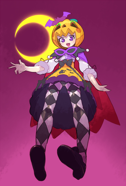 1girl :d argyle_clothes argyle_legwear black_footwear cape commentary_request crescent_moon from_below full_body halloween_costume idol_clothes jack-o'-lantern long_sleeves looking_at_viewer moon moudoku_(decopon3rd) open_mouth orange_skirt pretty_series pripara pumpkin_hat purple_background purple_cape purple_eyes ran-tan_(pripara) shirt shoes skirt smile solo white_shirt