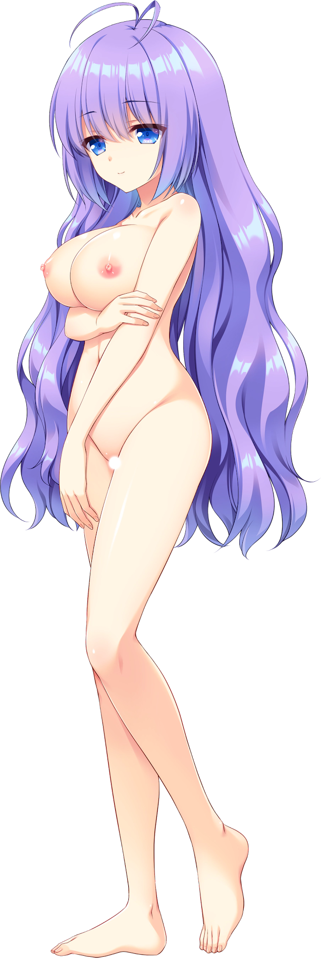 1girl antenna_hair arm_grab barefoot blank_censor blue_eyes breasts censored collarbone completely_nude full_body fuyuichi_monme highres huge_breasts koibana_ren'ai navel nipples non-web_source nude official_art photoshop_(medium) smile standing tachi-e transparent_background yuugure_tokoyo