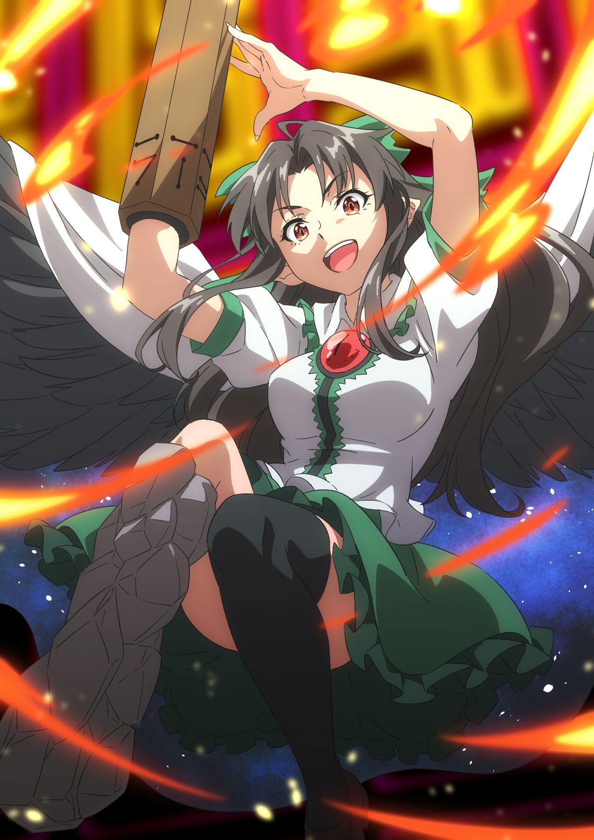 1girl ahoge arm_cannon asymmetrical_footwear asymmetrical_legwear bird_wings black_hair black_thighhighs black_wings bow breasts brown_footwear cape collared_shirt commentary_request control_rod convenient_leg feathered_wings frilled_shirt_collar frilled_skirt frilled_sleeves frills green_bow green_skirt gyouza_(mhea5724) hair_bow highres loafers medium_breasts open_mouth parted_bangs pointy_ears puffy_short_sleeves puffy_sleeves red_eyes reiuji_utsuho shirt shoes short_sleeves sidelocks skirt solo teeth thighhighs third_eye_on_chest touhou upper_teeth_only weapon white_cape white_shirt wings