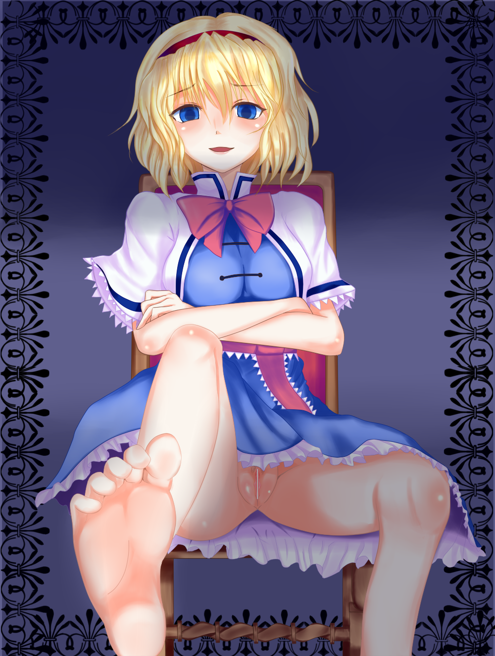 1girl alice_margatroid barefoot blonde_hair blue_eyes feet female highres pov_feet pussy touhou waado_(shissouheki)