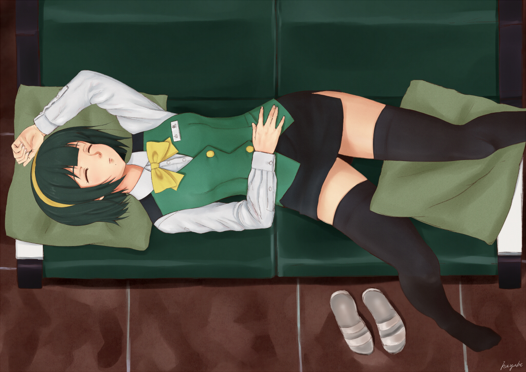 arm_up artist_name black_legwear bow bowtie closed_eyes couch cushion fuyube_gin_(huyube) green_hair hairband hand_on_own_stomach idolmaster idolmaster_(classic) lying mole mole_under_mouth name_tag on_back otonashi_kotori pencil_skirt shoes shoes_removed short_hair signature skirt sleeping solo thighhighs