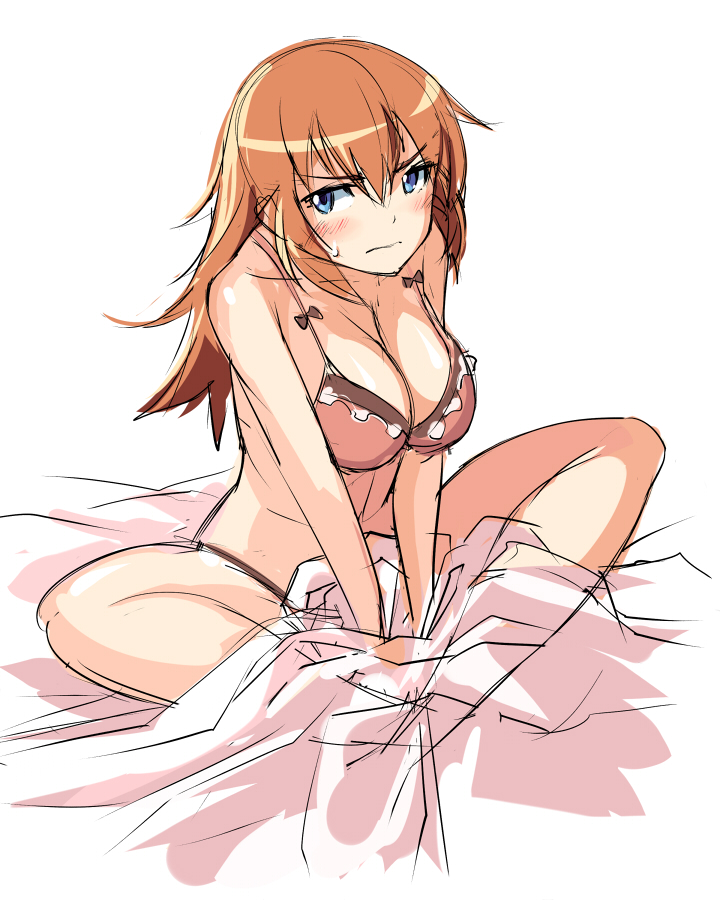 bed_sheet blue_eyes blush bow bra breasts charlotte_e_yeager cleavage indian_style large_breasts long_hair michairu on_bed orange_hair panties sitting sketch solo strike_witches sweatdrop underwear underwear_only world_witches_series