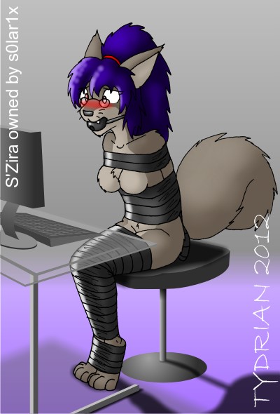 arms_tied ball_gag bdsm blush bondage bondage_gloves bound breasts canine chest_tuft closed_legs computer desk eyewear female fluffy_tail fur gag glasses hybrid legs_tied mammal nude rodent s'zira s'zira sitting squirrel tape tuft tydrian wolf wrapped