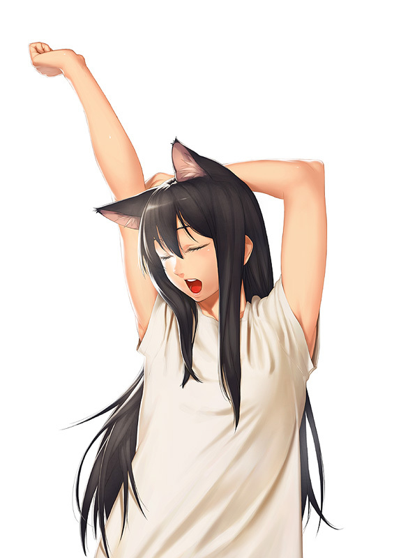 animal_ears arms_up azusa_(hws) cat_ears closed_eyes extra_ears flat_chest open_mouth original simple_background solo white_background
