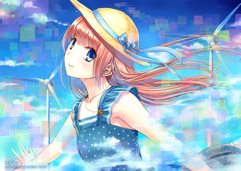 artist_name blue_dress blue_eyes dress hat kazuharu_kina long_hair orange_hair original polka_dot polka_dot_dress ribbon sky smile solo sun_hat sundress watermark web_address windmill