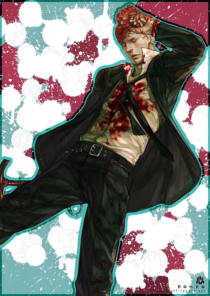 belt blonde_hair blood buckle chain character_name copyright_name dorohedoro expressionless formal hammer heart_(organ) lips loose_necktie male_focus mask necktie paint_splatter rae scar shin_(dorohedoro) shirt solo suit tuxedo watermark web_address yellow_eyes