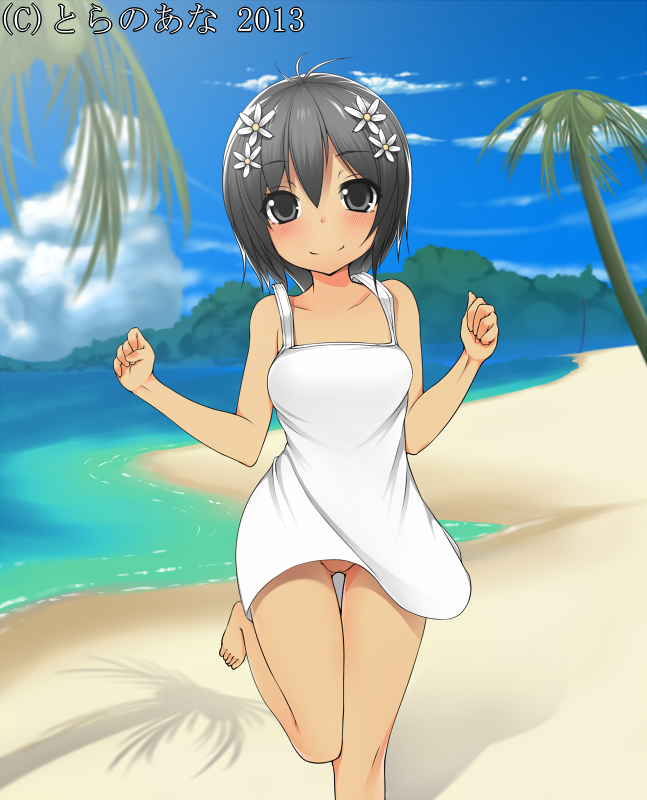 barefoot beach black_eyes black_hair blush cloud day dress feet_out_of_frame flower harem_gain hat looking_at_viewer moshi_(atelier33-4) no_panties official_art outdoors pussy running sand short_hair sky smile solo standing standing_on_one_leg straw_hat sundress thigh_gap uncensored upskirt w_arms water wind wind_lift