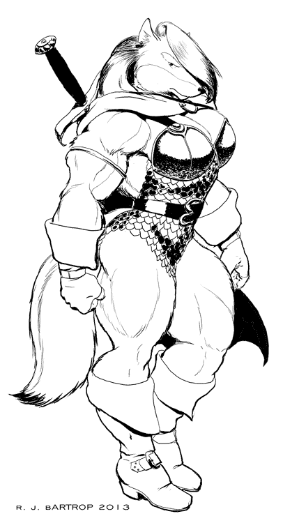 armor barbarian belt big_breasts boots breasts canine cape chainmail cleavage clothed clothing female gloves inks invalid_tag mammal monochrome muscles muscular_female plain_background richard_bartrop sword unconvincing_armor warrior weapon white_background wolf