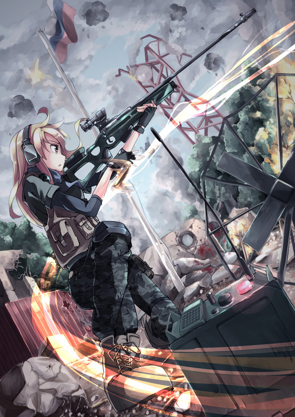 acog aiming aioi_aoi battlefield_(series) battlefield_3 blonde_hair blood bolt_action boots bullet_hole debris explosive fingerless_gloves flag flagpole gloves grenade gun headset knee_pads load_bearing_vest long_hair military military_uniform rifle russian_flag scarf smoke sniper_rifle sniping solo sv-98 uniform weapon yellow_eyes