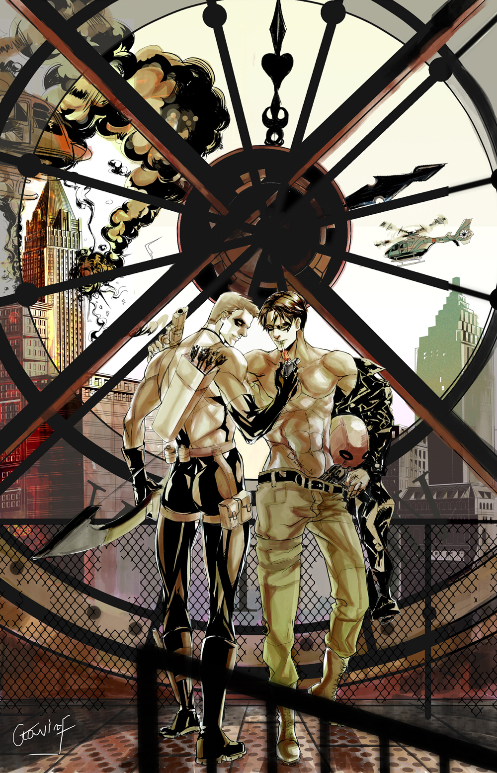 2boys abs arrow arsenal_(dc) belt body_writing bodysuit boots bow_(weapon) building cigarette city cityscape clock clock_tower cross-laced_footwear dc_comics domino_mask dual_wielding duo explosion full_body gavinf gun headwear_removed helicopter highres jacket jason_todd lace-up_boots lighter male male_focus mask multiple_boys muscle quiver red_hood red_hood_(dc) roy_harper signature standing thigh_strap topless tower walking weapon