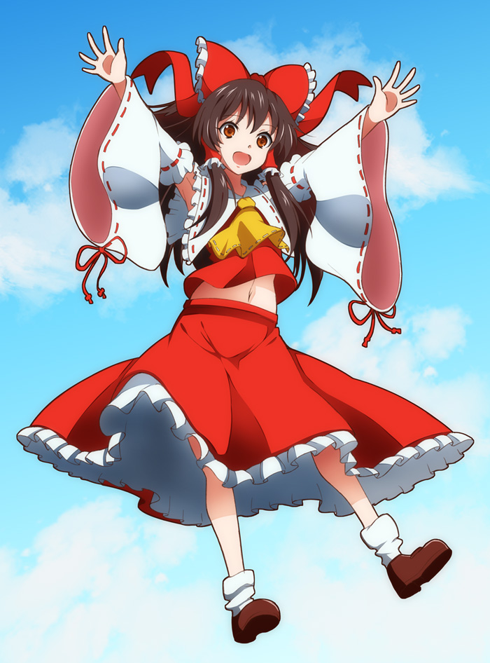 ascot bad_id bad_pixiv_id bow brown_eyes brown_hair detached_sleeves hair_bow hair_tubes hakurei_reimu julius_yu long_hair skirt solo touhou