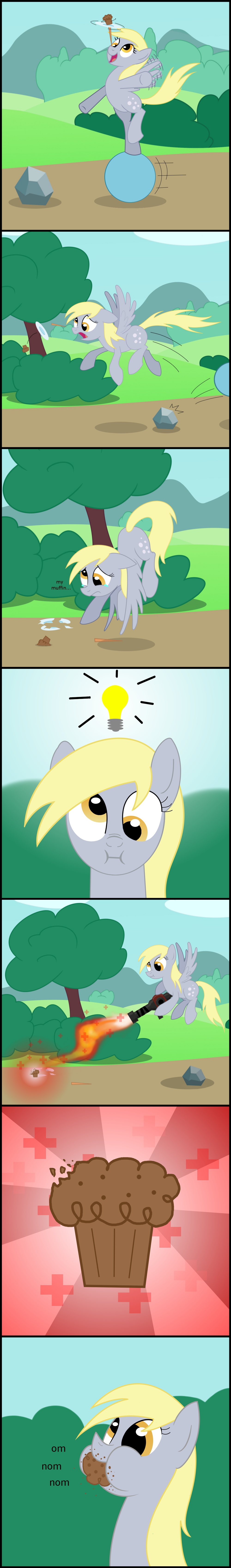 balancing ball blonde_hair bush comic cutie_mark derpy_hooves_(mlp) eating equine female feral fire food friendship_is_magic grass hair healing light_bulb mammal muffin my_little_pony om_nom_nom outside pegasus plate rock solo spinning stick tree underpable wings yellow_eyes