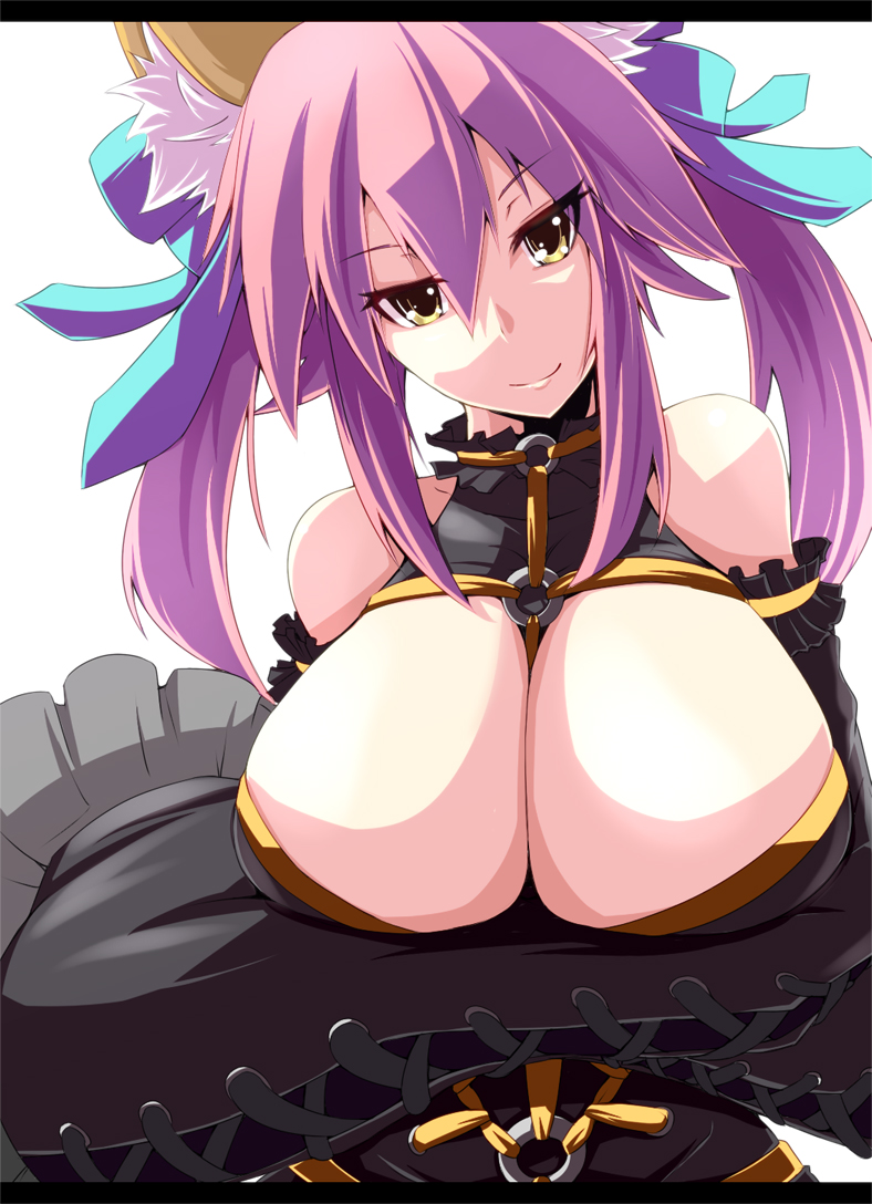 animal_ears bad_id bad_pixiv_id breasts cleavage crossed_arms fate/extra fate/extra_ccc fate_(series) fox_ears huge_breasts kichihachi letterboxed long_hair looking_at_viewer purple_hair smile solo tamamo_(fate)_(all) tamamo_no_mae_(fate) twintails yellow_eyes