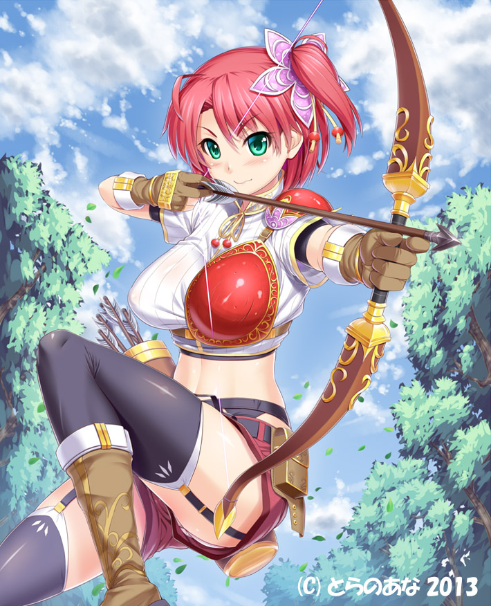 2013 arrow black_legwear boots bow_(weapon) breastplate breasts crop_top dated drawing_bow garter_straps gloves green_eyes harem_gain kawase_seiki large_breasts midair midriff official_art red_hair shiny shiny_skin short_hair shorts shoulder_armor side_ponytail spaulders thighhighs weapon