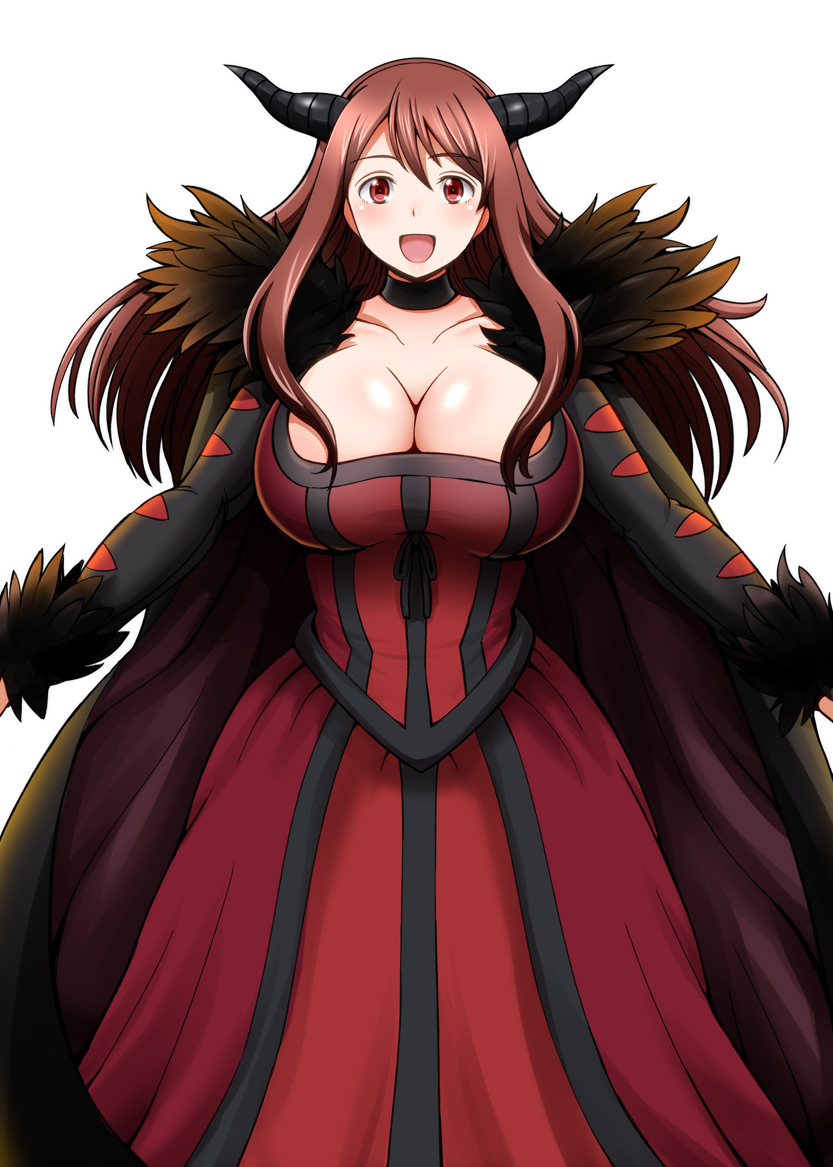 :d breasts brown_hair choker cleavage fur_trim horns jean-louis_(yuasa_rengou) large_breasts long_hair maou_(maoyuu) maoyuu_maou_yuusha open_mouth red_eyes simple_background smile solo white_background