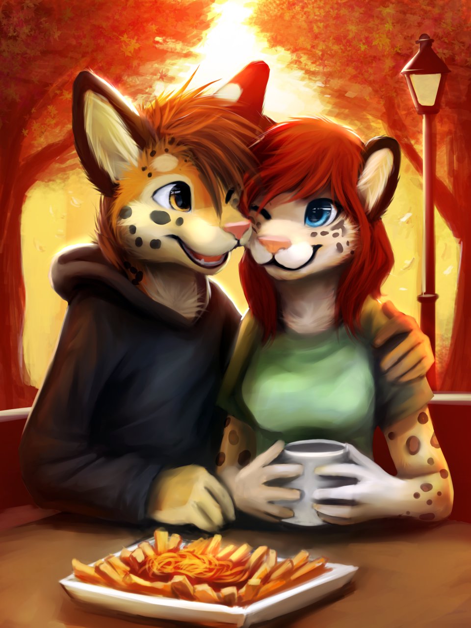 anthro autumn big_ears black_lips blue_eyes breasts cheetah chest_tuft clothing cup cute detailed duo eye_contact face_to_face feline female food fur hair hand_on_shoulder hoodie hug lamppost love male mammal nature ocelot one_eye_closed orange_hair pink_nose red_hair serval shirt sitting sky smile spots straight thanshuhai tree tuft wink yellow_eyes yellow_fur