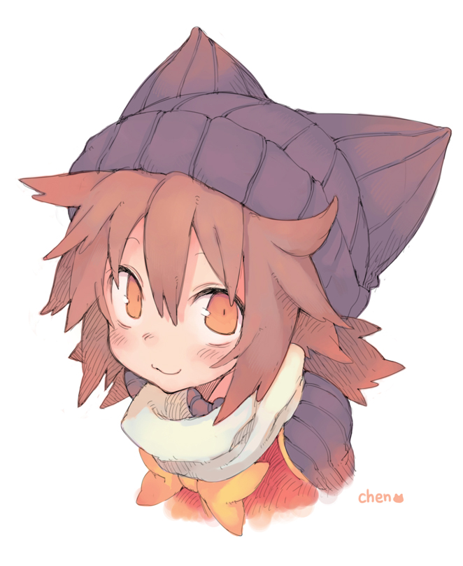 :3 beanie blush brown_hair character_name chen hat looking_at_viewer morino_hon orange_eyes short_hair simple_background sketch smile solo touhou upper_body white_background