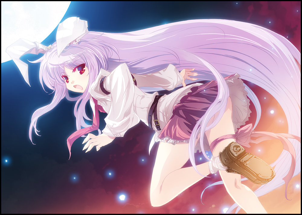 animal_ears belt bunny_ears dress_shirt full_moon loafers long_hair looking_at_viewer moon necktie open_mouth purple_hair red_eyes reisen_udongein_inaba ribbon shirt shoes skirt solo thigh_ribbon tokiame touhou very_long_hair white_legwear