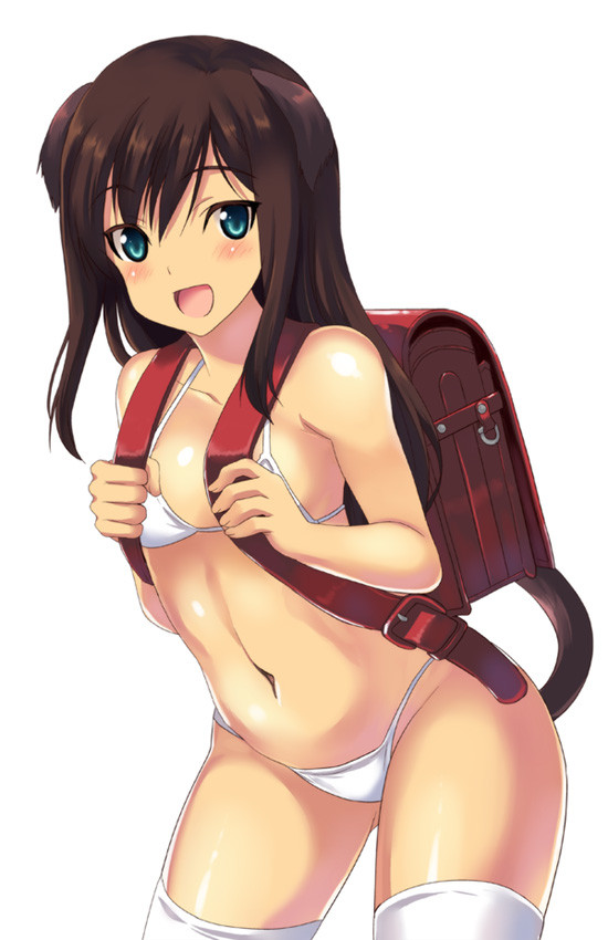 animal_ears backpack bag bikini blush breasts brown_hair federica_n_doglio kyougoku_shin long_hair looking_at_viewer randoseru small_breasts smile solo swimsuit tail tan tanline thighhighs world_witches_series