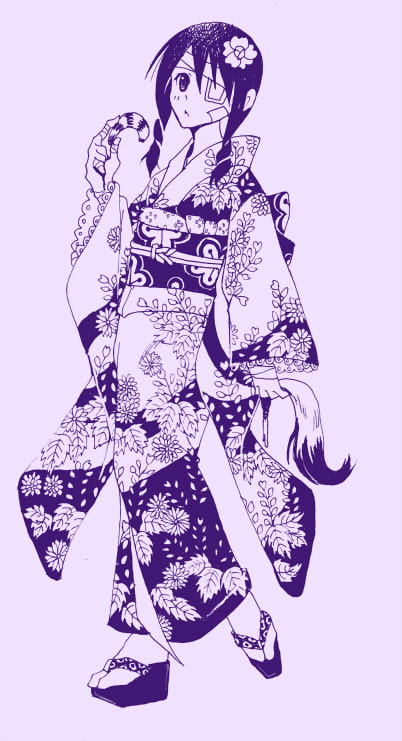 bandage_over_one_eye bandages cat_tail flower hair_flower hair_ornament japanese_clothes kimono kobushi_abiru long_hair monochrome nekozuki_yuki okobo sandals sayonara_zetsubou_sensei solo tail