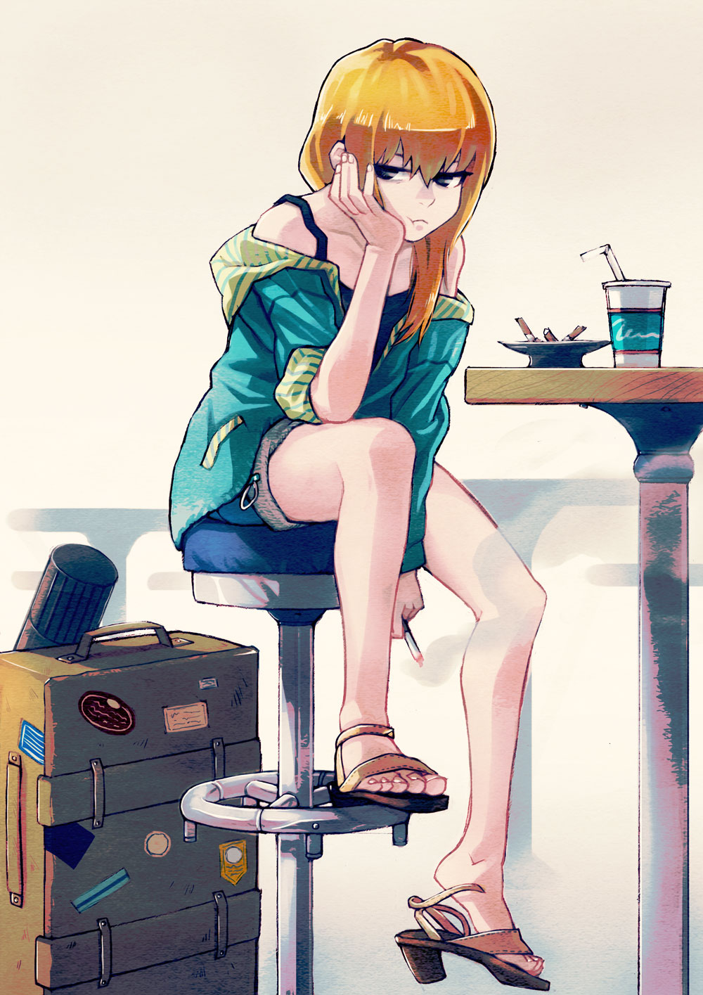 40hara ashtray bar_stool bare_legs bare_shoulders black_eyes blonde_hair bored chin_rest cigarette drink full_body high_heels highres hood hoodie long_hair off_shoulder original sandals shoe_dangle shorts sitting sleeves_rolled_up smoke solo stool suitcase