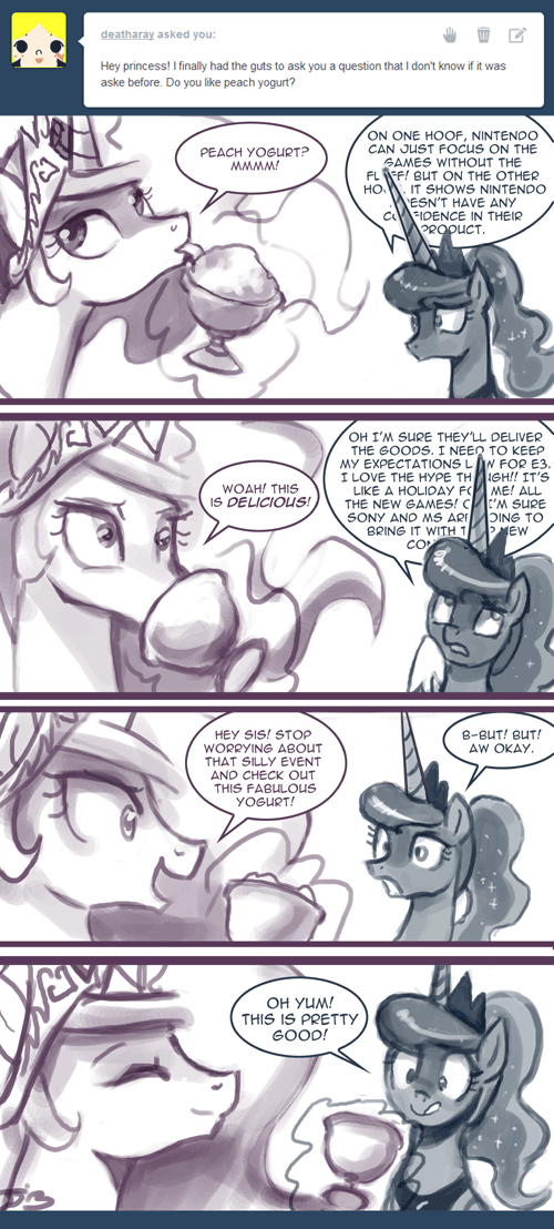 black_and_white comic crown dialog duo english_text equine eyes_closed female feral friendship_is_magic horn horse john_joseco licking mammal monochrome my_little_pony navel plain_background pony princess princess_celestia_(mlp) princess_luna_(mlp) royalty sibling signature smile text tiara tongue tongue_out tumblr unicorn white_background yogurt