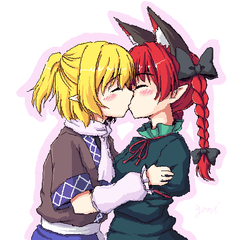 animal_ears arm_warmers bad_id bad_pixiv_id blonde_hair blush bow braid cat_ears closed_eyes couple extra_ears hair_bow half_updo isaki_(gomi) kaenbyou_rin kiss long_hair lowres mizuhashi_parsee multiple_girls pointy_ears ponytail red_hair scarf short_hair touhou twin_braids twintails upper_body yuri