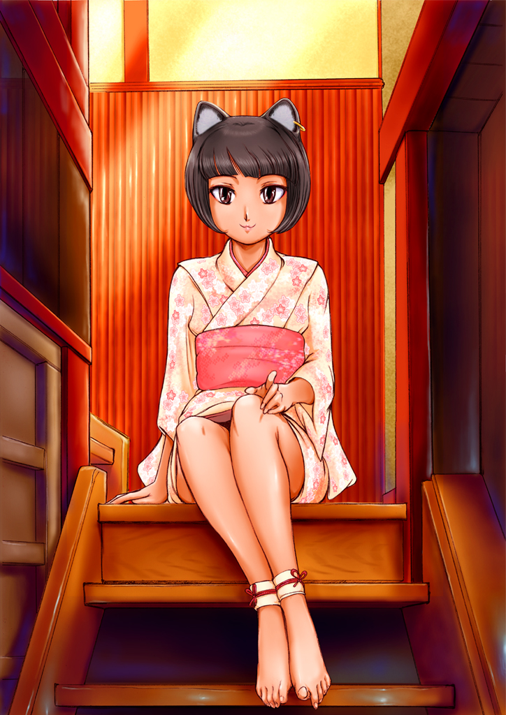 alternate_costume animal_ears ankle_cuffs anklet bad_id bad_pixiv_id barefoot brown_eyes brown_hair cat_ears chen floral_print hand_on_own_knee hayachine interior japanese_clothes jewelry kimono looking_at_viewer obi pointing pointing_at_viewer sash short_hair single_earring sitting sitting_on_stairs smile solo stairs touhou
