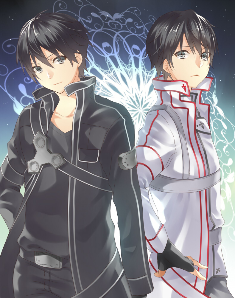 alternate_costume bad_id bad_pixiv_id black_eyes black_hair dual_persona fingerless_gloves gloves kirito male_focus multiple_boys sword_art_online tamaki_(gmsk0141)