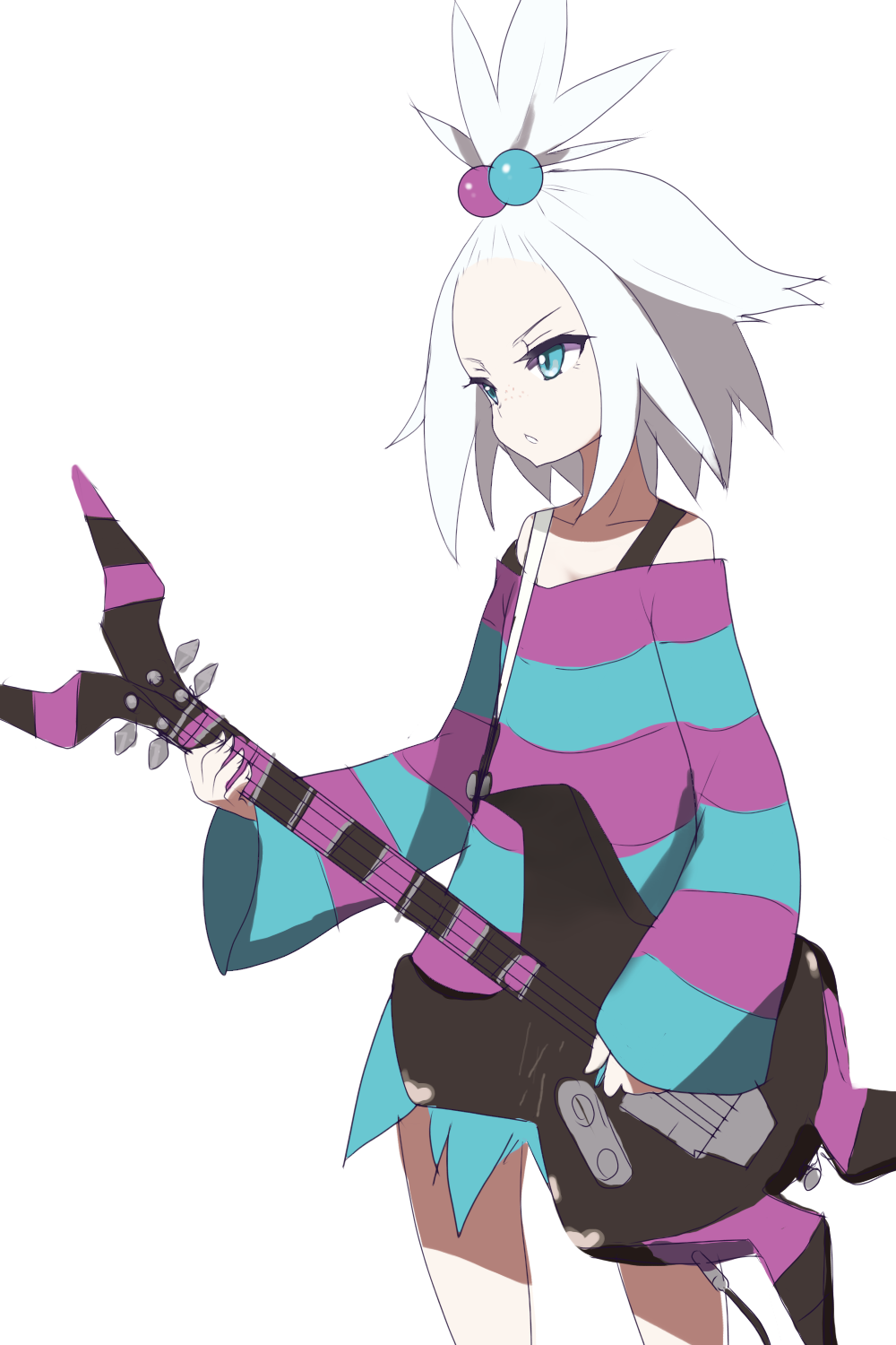 1girl bare_legs bass bass_guitar blue_eyes freckles gym_leader hair_bobbles hair_ornament highres homika_(pokemon) instrument nintendo pokemon pokemon_(game) pokemon_bw2 shirt short_hair shoulders simple_background solo striped striped_shirt topknot white_background white_hair