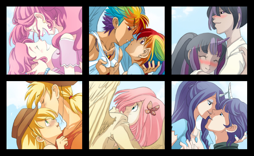 blonde_hair blush bracelet clothed clothing cowboy_hat equine eyes_closed female fluttershy_(mlp) friendship_is_magic green_eyes hair hair_ornament hat horn hug human humanized jewelry male mammal multi-colored_hair my_little_pony necklace pegasus pink_hair pinkie_pie_(mlp) purple_eyes purple_hair rainbow_dash_(mlp) rainbow_hair rarity_(mlp) selfcest shirt smile square_crossover straight tank_top twilight_sparkle_(mlp) two_tone_hair unicorn wings zoe-productions