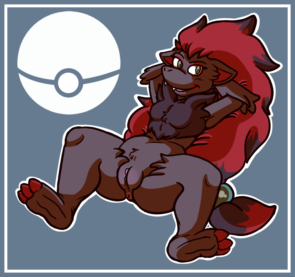arms_behind_head blue_eyes breasts female fiztheancient hair looking_at_viewer lying nintendo nude on_back pok&#233;mon pok&eacute;mon pussy red_hair smile solo spread_legs spreading video_games zoroark