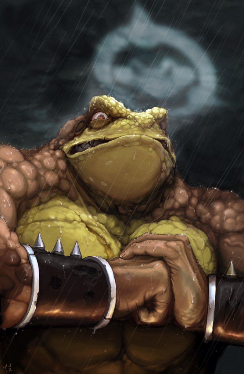 abs amphibian angry anthro battletoads biceps bossquibble brown_eyes brown_skin clenched_teeth flexing looking_at_viewer male muscles pecs pimple pimple_(battletoads) pose rain scales solo standing teeth toad toned topless vein wristband
