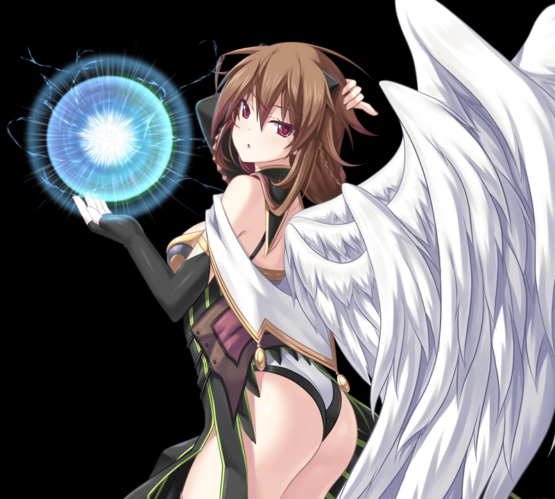 1girl ass back bare_shoulders black_background brown_hair elbow_gloves eushully game_cg gloves hand_on_head legs looking_at_viewer madou_koukaku pink_eyes power short_hair simple_background solo standing white_wings wings