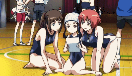 all_fours animated animated_gif basketball_court bouncing_breasts breast_grab breast_lift breasts brown_hair competition_swimsuit extra grabbing gym_uniform kakumeiki_valvrave large_breasts multiple_girls nanami_rion nobi_marie non-web_source one-piece_swimsuit orange_hair ponytail running short_hair swim_cap swimsuit twintails whistle