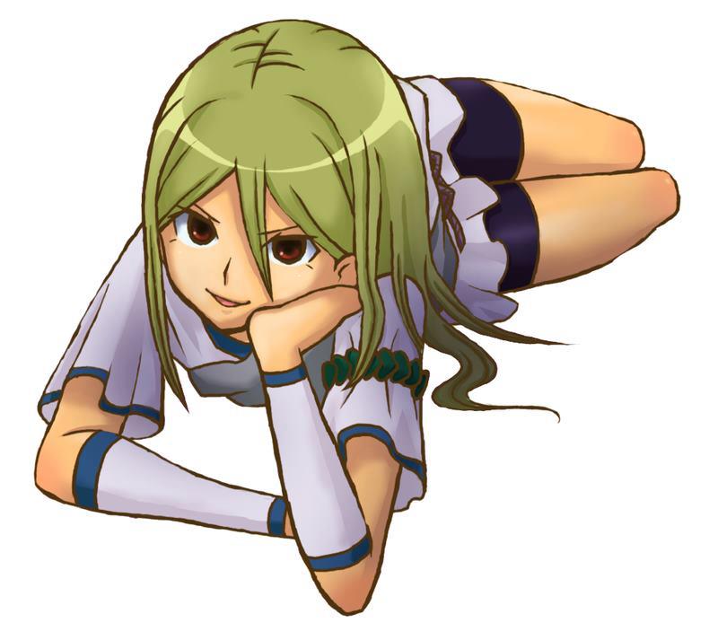and artist_request blond green_hair hair,zeus long_hair raimon red_eyes solo source_request time
